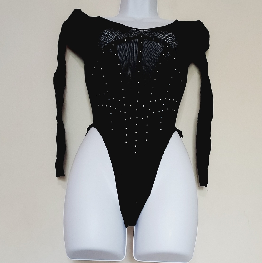 Ann Summers Kallie Sparkly Black Long Sleeve Sheer Bodysuit Sz-M/L